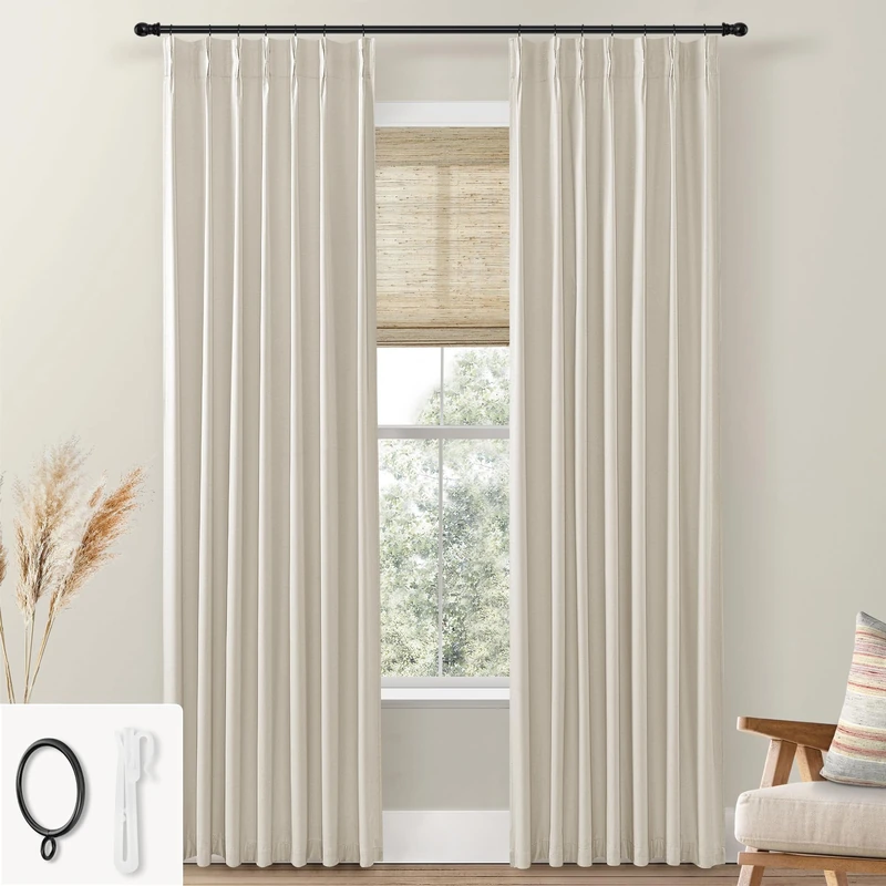 SHINELAND Oatmeal Beige Linen Blackout Curtains 108 Inches Long, Pinch Pleated Custom Curtains for Windows