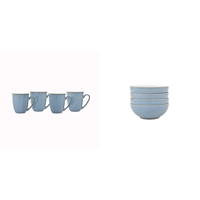 Denby - Elements Blue Coffee Mug Set of 4-330ml Stoneware Ceramic Tea Mug Set for Home & Office & - Elements Blue Cereal Bowls Set of 4 - Dishwasher Microwave Safe Crockery 820ml 17cm