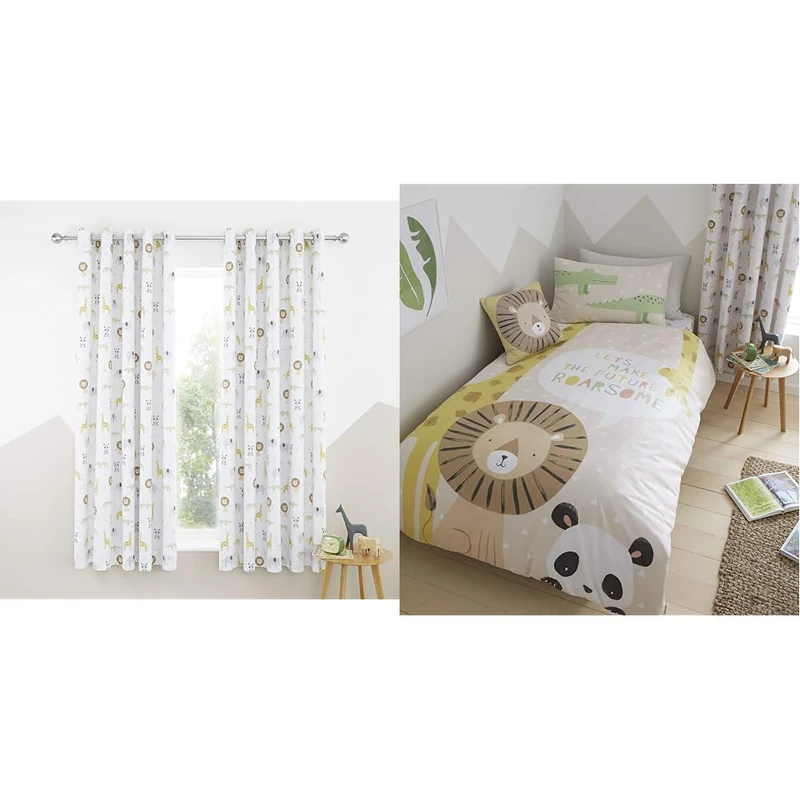 Catherine Lansfield Roarsome Animals 66x72 Inch Black Out Lined Eyelet Curtains Two Panels Natural & Roarsome Animals Reversible Single Duvet Cover Set with Pillowcase Natural