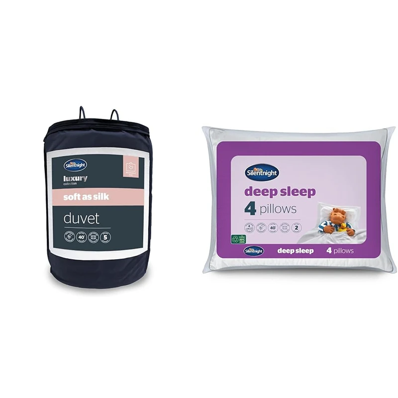 Silentnight Soft As Silk 10.5 Tog King Size Duvet - Luxury All Seasons Summer Winter Duvet Quilt & Deep Sleep Pillows 4 Pack - Medium Support Bed Pillows for Side, Front, Stomach and Back