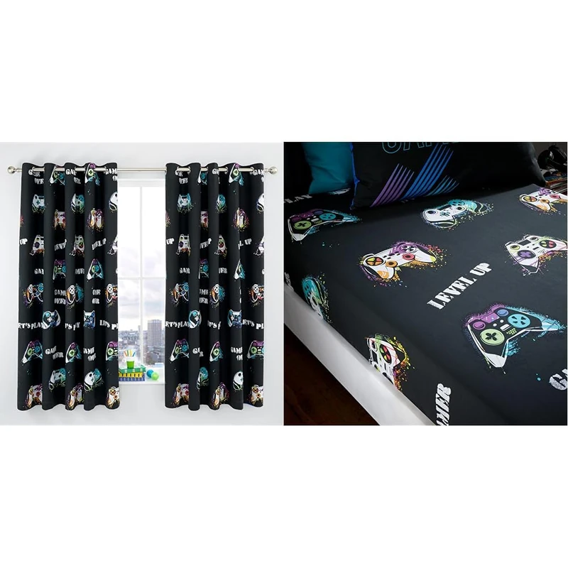 Catherine Lansfield Game Over 66x72 Inch Fully Reversible Eyelet Curtains Two Panels Black & Kids Game Over Double Fitted Sheet Black - Image 1