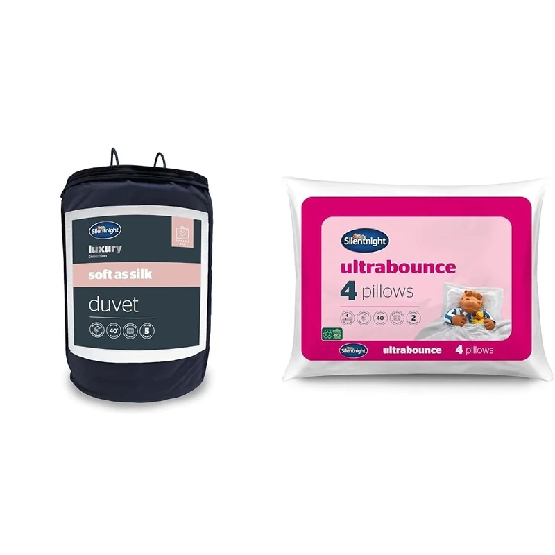 Silentnight Soft As Silk 10.5 Tog King Size Duvet - Luxury All Seasons Summer Winter Duvet Quilt & Ultrabounce Pillows Pack of 4 – Medium Support Soft Bouncy Hotel Bed Pillows 4 Pack