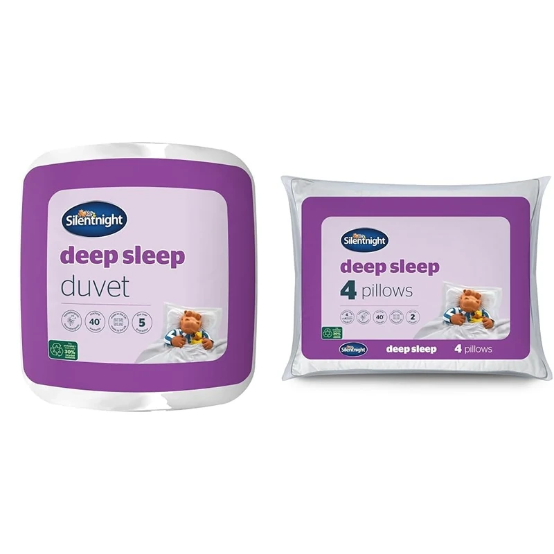Silentnight Deep Sleep King Size Duvet 13.5 Tog – Winter Warm Soft and Comfortable Quilt Duvet & Deep Sleep Pillows 4 Pack - Medium Support Bed Pillows for Side, Front, Stomach and Back