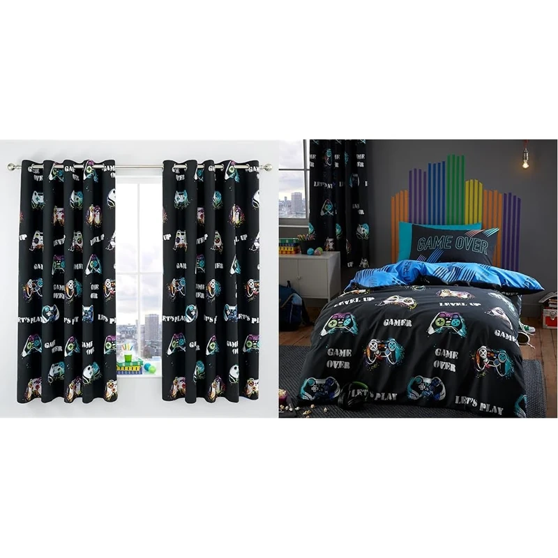 Catherine Lansfield Game Over 66x72 Inch Fully Reversible Eyelet Curtains Two Panels Black & Game Over Reversible Single Duvet Cover Set with Pillowcase Black