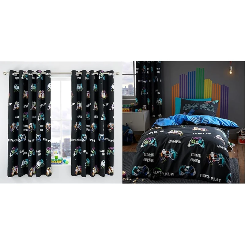 Catherine Lansfield Game Over 66x72 Inch Fully Reversible Eyelet Curtains Two Panels Black & Game Over Reversible Double Duvet Cover Set with Pillowcases Black