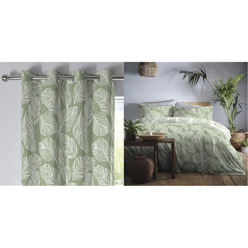 Fusion - Matteo - 100 Percent Cotton Pair of Eyelet Curtains - Green - 66" Width x 72" Drop & Matteo Green Leaf Double Duvet Set Cover (1 Double Duvet & 2 Pillowcases), 200 x 200cm