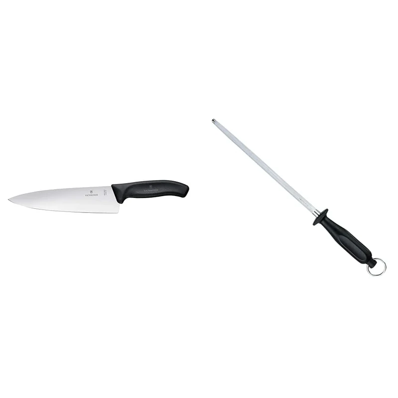 Victorinox 6.8063.20B Swiss Classic Carving Knife 20 cm, Black & - Sharpening Steel 25cm Black/Silver