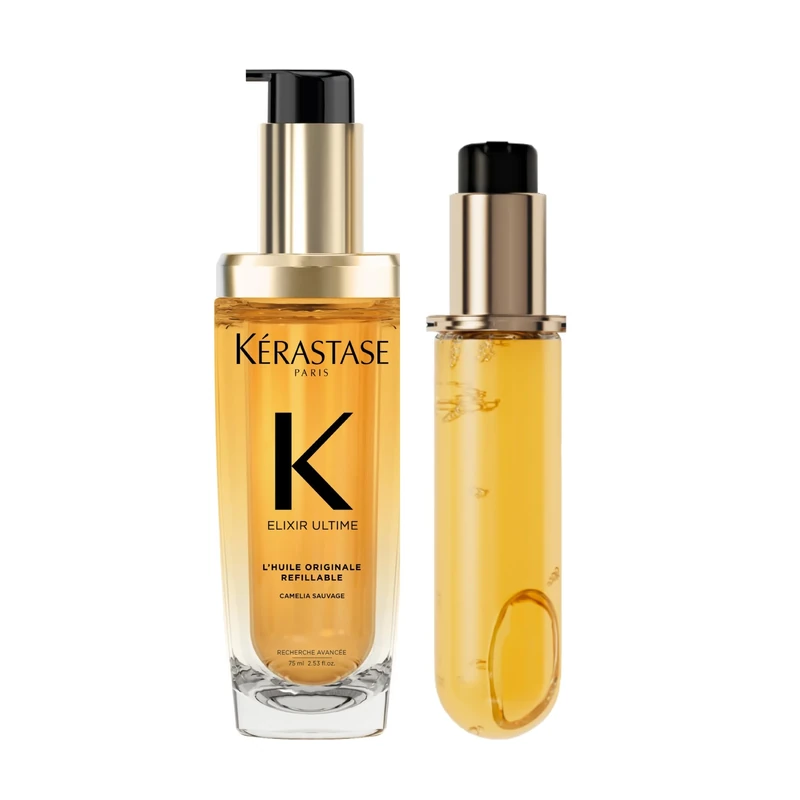 Kérastase Elixir Ultime Hair Oil Bundle With Refillable Bottle and Refill Capsule, For All Hair Types, Strengthens and Protects Hair From Heat, With Argan and Camellia Oil, L'Huile Originale, 2 x 75ml