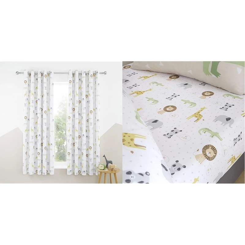 Catherine Lansfield Roarsome Animals 66x72 Inch Black Out Lined Eyelet Curtains Two Panels Natural & Kids Roarsome Animals Single Fitted Sheet White