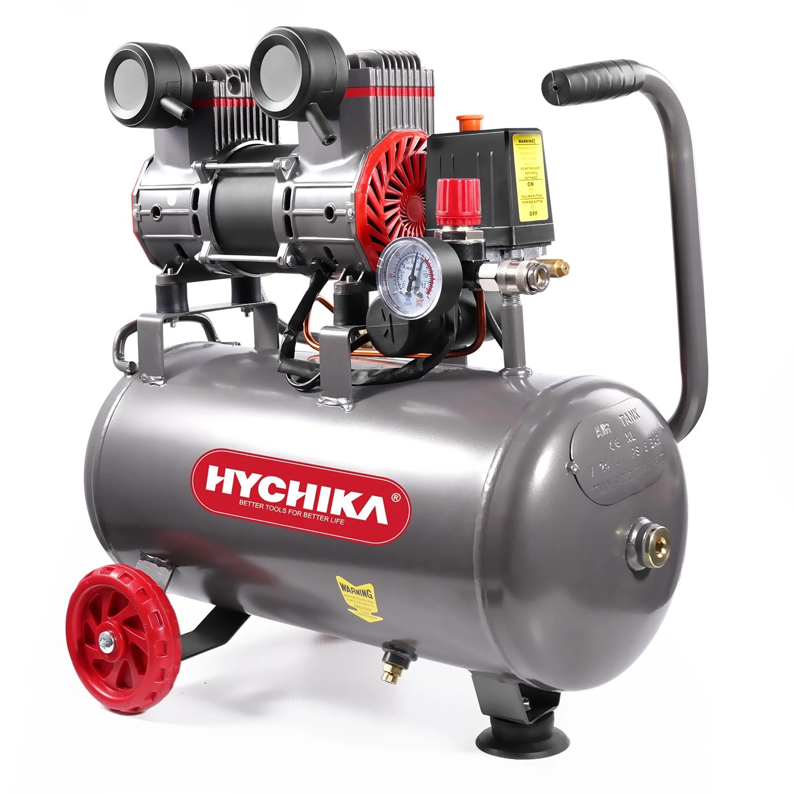 HYCHIKA Air Compressor, Silent Compressor, Oil Free, Electric Compressor 230V, 1100W Max, Air Intake Volume 160L/min, 24L, 8 Bar Adjustable Exhaust Pressure for Spraying, Air Nailer, Tyre Inflation