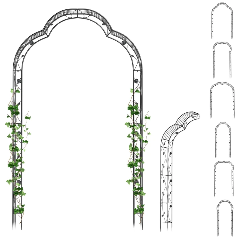 GiantexUK 2.5M Metal Garden Arch, Heavy Duty Pergola Trellis Arbour with 2 Half-side Arches, 7 Style Flowers Roses Vines Climbing Plants Support Archway for Lawn Patio Wedding Ceremony Decoration