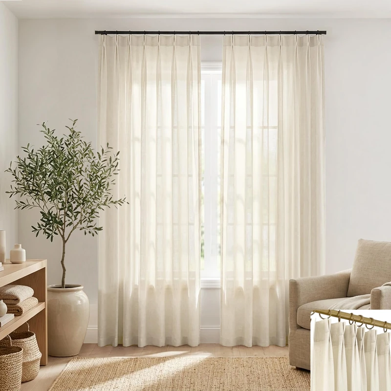 SHINELAND Beige Sheer Linen Curtains, Pinch Pleated Custom Curtains for Windows 90 Inches Long 2 Panels Set