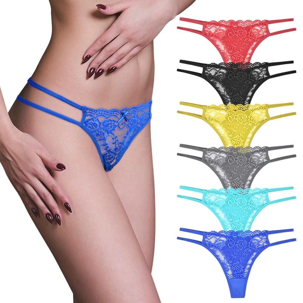 AUYAO 6 Pack Women's Lace Thongs, G-String No Show Panties, Multicolor See-Through Lingerie Teddy, Bikini, Ladies Low Waist Sheer
