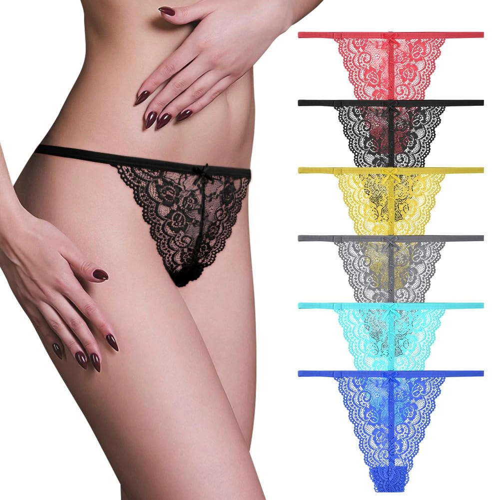 AUYAO 6 Pack Lacy Thongs, Multicolor Lacy G-String Thongs, See Through Lingerie Teddy Lace Bikini, Ladies Low Waist Sheer Panties