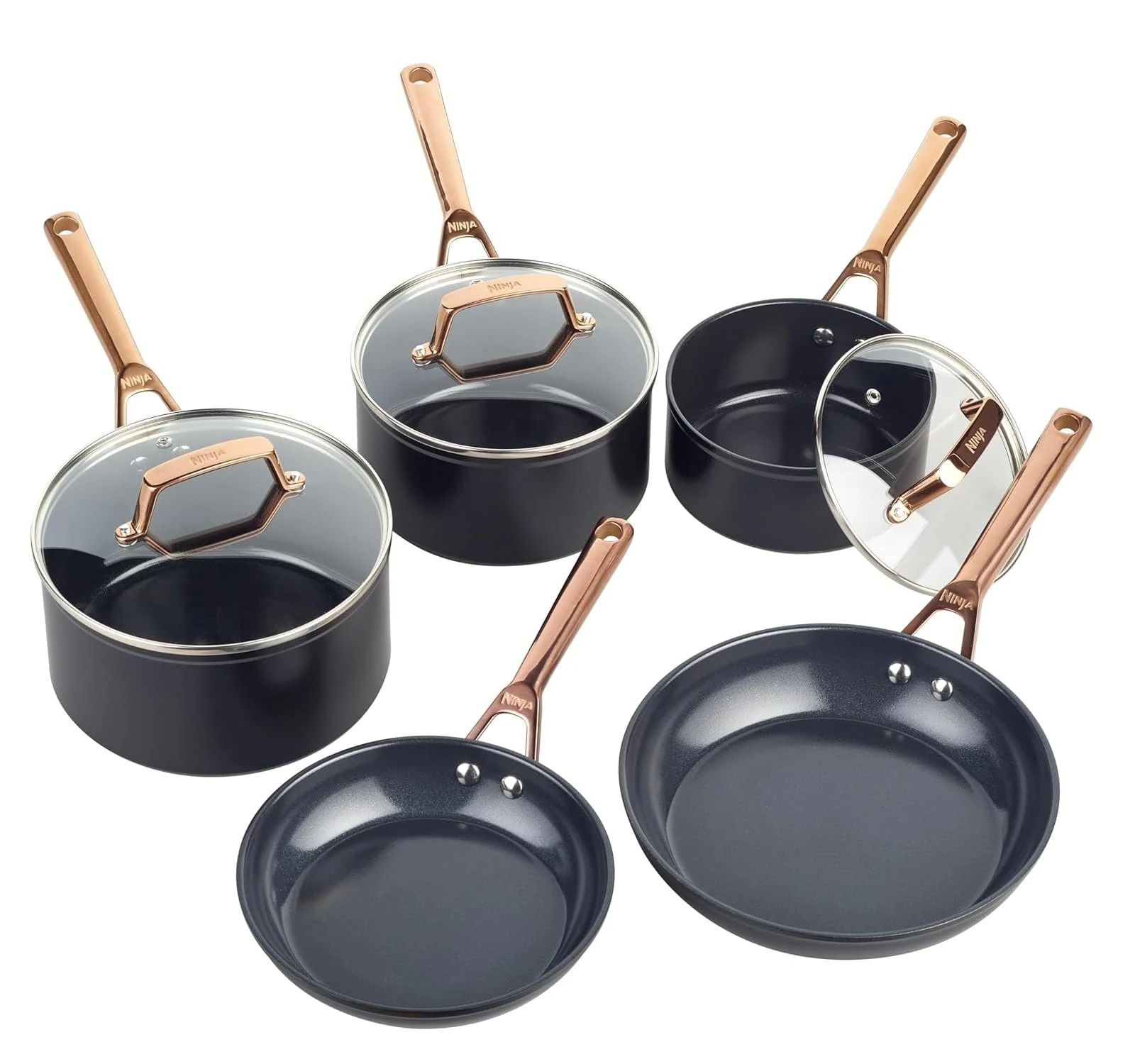 Ninja Extended Life 5-Piece Ceramic Cookware Set (20 & 24cm Frying Pans + 16, 18 & 20cm Saucepans & Lids), Non-Stick (No PFAs, PFOAs, Lead or Cadmium), Oven Safe to 285°C, Black & Copper,