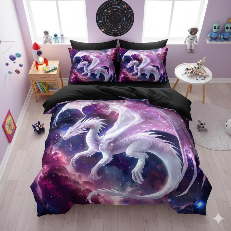CCoutueChen Pink White Dragon Comforter Set Queen Size Western Dragon Bedding Set Castle Fairy Dragon Bed Set for Kids Boys Teens Women Decor 3D Animals Quilt Set