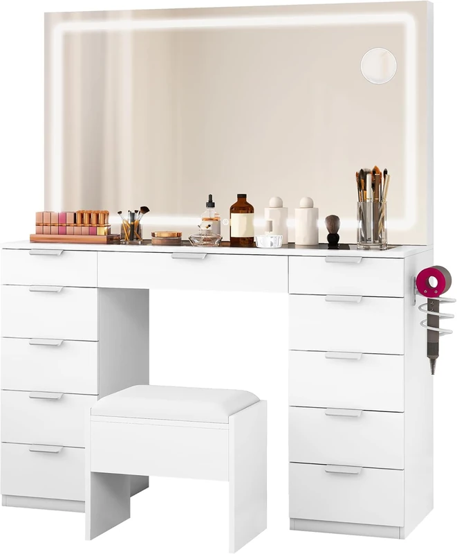 YITAHOME Dressing Table & Stool set,Vanity Table w/ 3-Color LED Lights Mirror,Lights Brightness Adjustable,Transparent Glass Top Makeup Table with 11 Drawers,Power Outlet,Whtie Makeup Desk for Bedroom