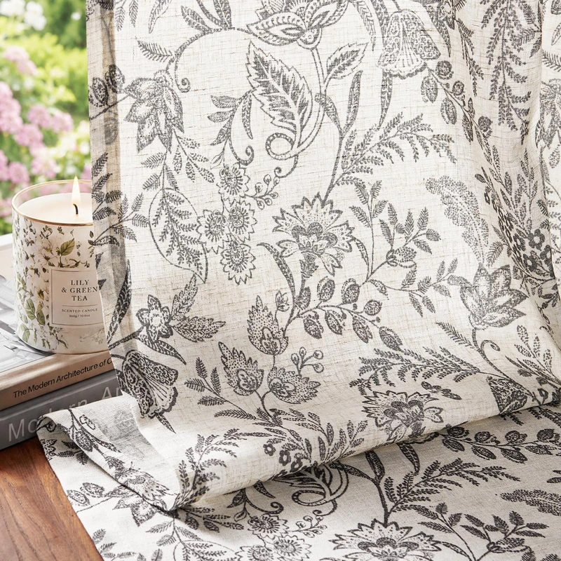 Lazzzy Linen Flower Curtains Rural Drapes Back Tab for Living Room Bedroom Light Filtration Vintage Style with Rod Pocket 2 Lengths,274cm Long, Black on Beige