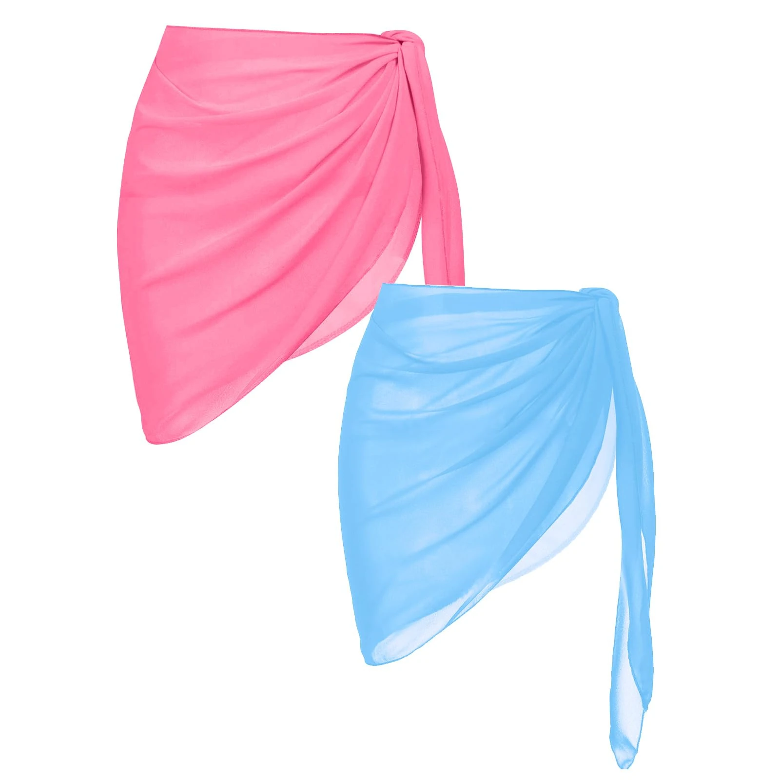 2 Pieces Sarong Coverups for Women Bathing Suit Wrap Swimsuit Skirt Bikini Swimwear Chiffon Cover Up Beach Accessories (Pink+Blue)