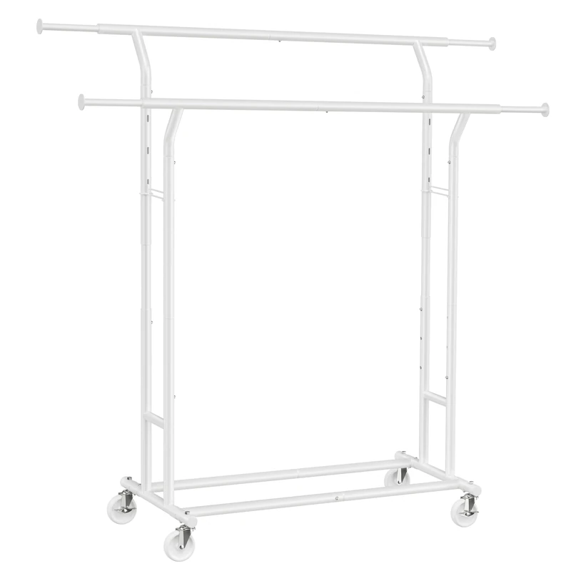 SONGMICS Clothes Rail, Double Clothes Rack on Wheels, Extendable Garment Rack, Heavy-Duty Metal Frame, 110 kg Total Max. Load, 129-169 cm Wide, Matte White HSR012W01