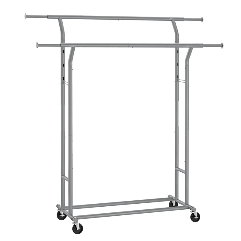 SONGMICS Clothes Rail, Double Clothes Rack on Wheels, Extendable Garment Rack, Heavy-Duty Metal Frame, 110 kg Total Max. Load, 129-169 cm Wide, Dove Grey HSR012G01