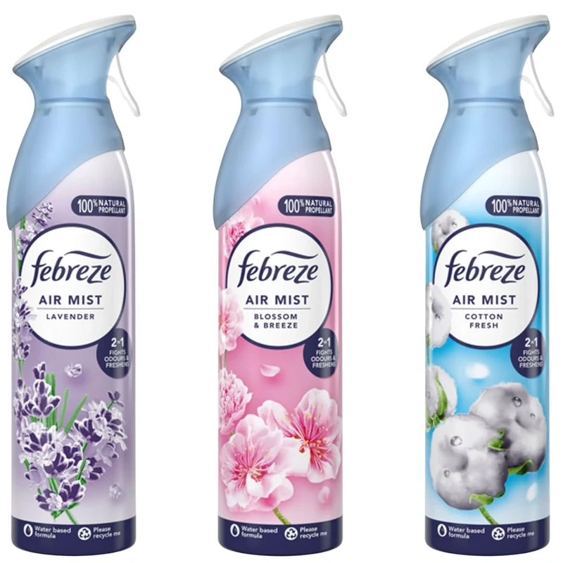 Febreze Air Mist Air Freshener Spray odour Eliminator Home & Office Fragrances - Cotton Fresh - Lavender - Blossom & Breeze - 185ml - Box of 3