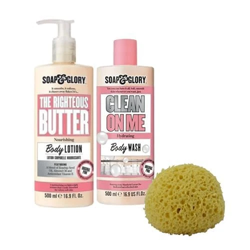 Soap and Glory Clean on Me Shower Gel Body Wash 500ml and Righteous Butter Body Lotion Pump 500ml Bundle with Rainbow Gifts Sponge Set