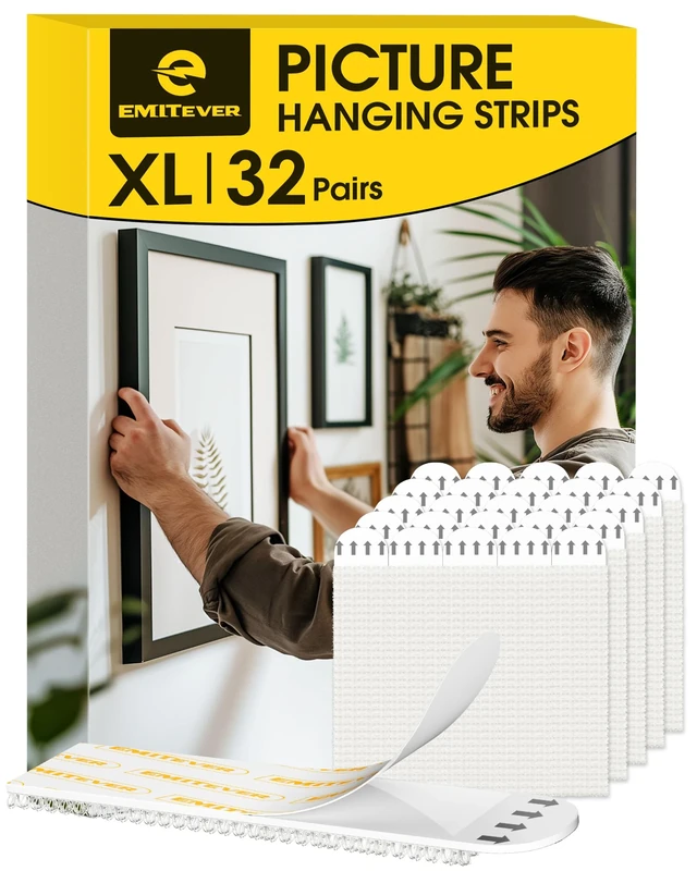 Emitever Picture Hanging Strips 32 Pairs (64 Strips, XL) Holds Up to 7.2 kg, Wall Stickers for Picture Hanging, No Nails Damage-Free Frame Poster Hangers for Frames Signs Home Decor White
