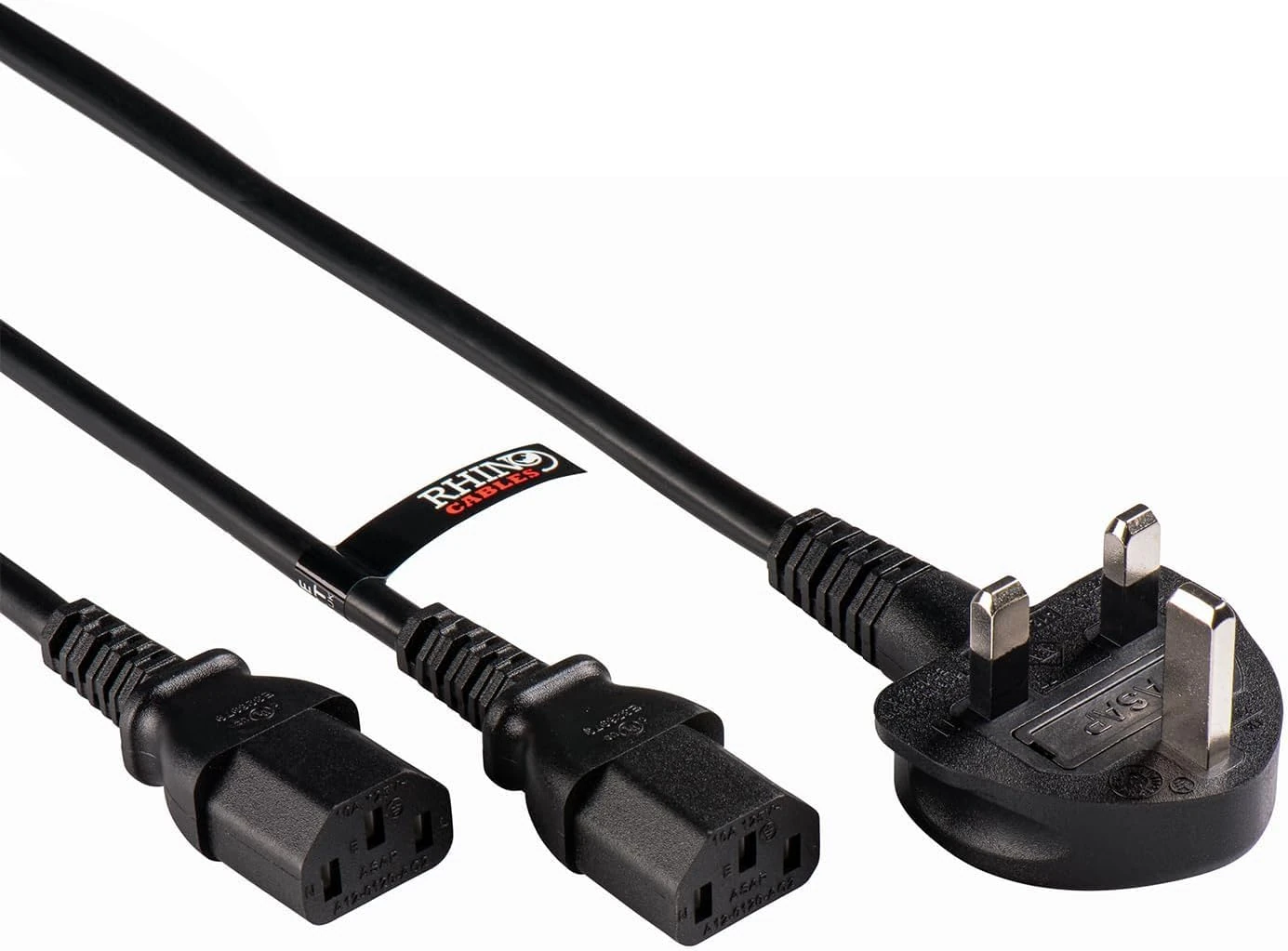 rhinocables IEC C13 Splitter Power Cable – Kettle Lead with UK Plug to Dual C13 Connectors | 3 Pin Mains Cord for PC, Monitor, TV, PS4 & Laptop | Black 2 Metre Power Lead (Pack of 10)