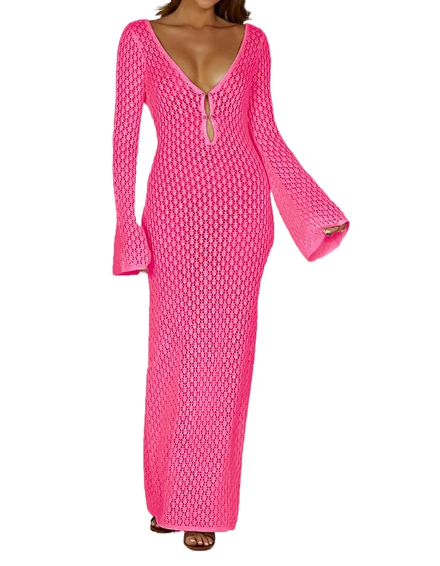 Leoparts Crochet Swimsuit Cover Up for Women Sexy V Neck Hollow Out Backless Maxi Dress Beach Bikini Coverup Dresses, 2402 Hot Pink, Medium