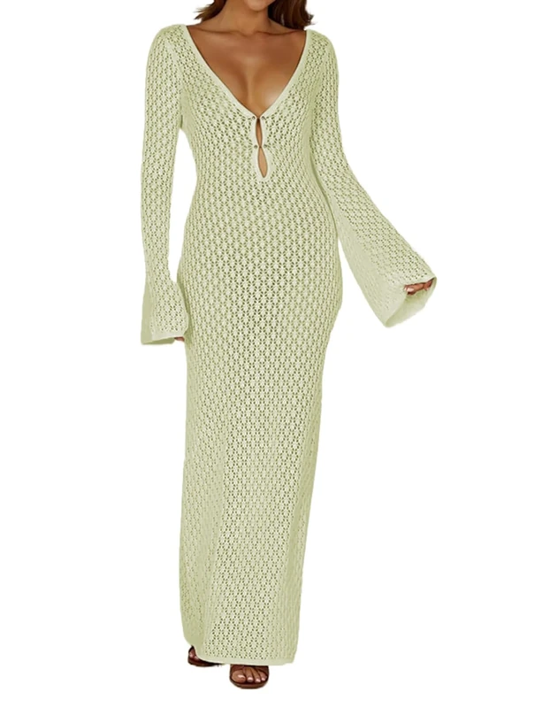 Leoparts Crochet Swimsuit Cover Up for Women Sexy V Neck Hollow Out Backless Maxi Dress Beach Bikini Coverup Dresses, 2402 Light Green, Medium