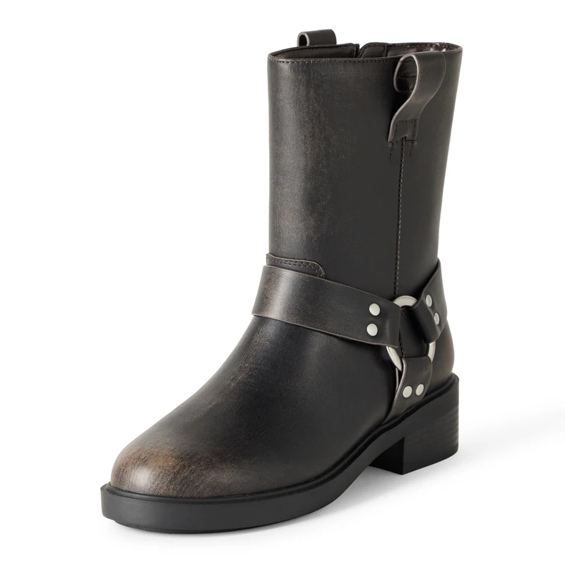 The Drop Lilith Short Moto Boot with Buckles Biker, Distressed Brown, 4 UK - Image 1