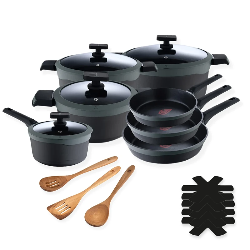 MasterPRO Gastro Reeco Cast Aluminium Cookware Set - 3 Frying Pans 28, 24 and 20 cm - 1 Ladle 16 cm - 3 Frying Pans 28, 24 and 20 cm - 3 Cooking Utensils and 1 Pan Protector