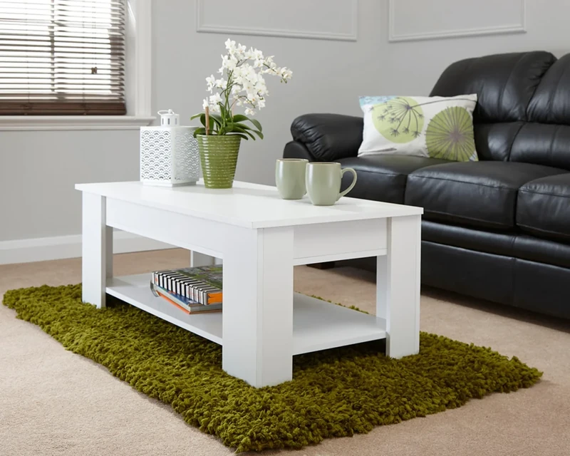 GFW Lift Up Coffee Table With Hidden Storage For Living Room. Modern Wooden Lift Top Coffee Tables With Display Shelf & Storage Compartment For Media & Accessories, White, H39.5cm x W105cm x D50cm