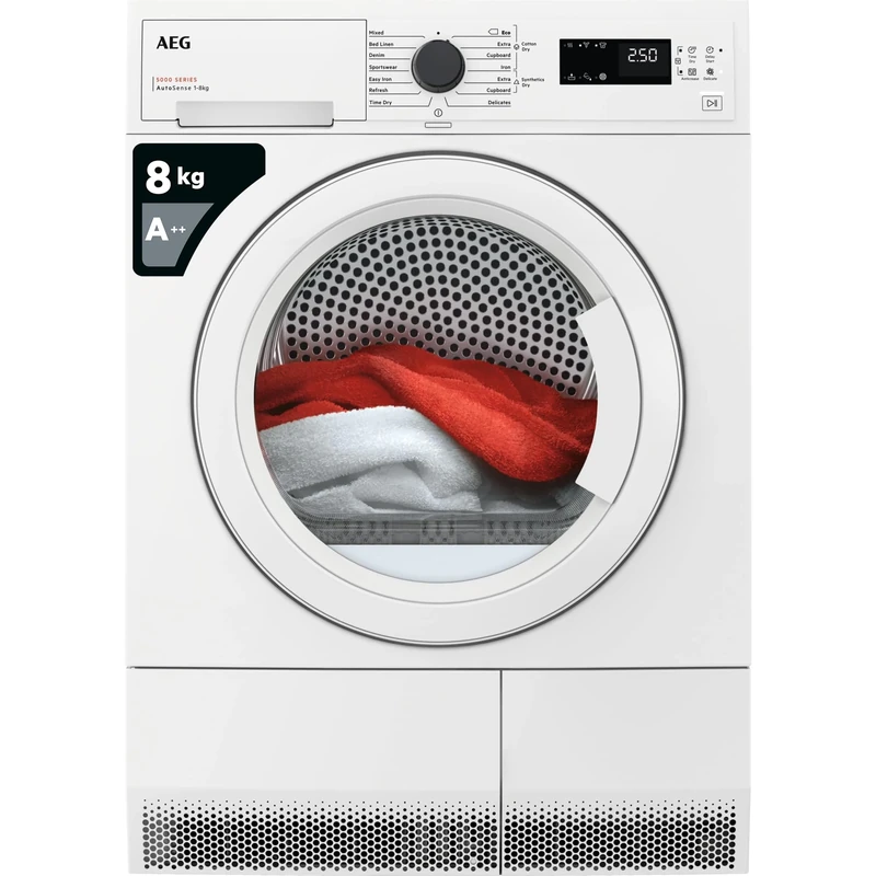 AEG 5000 Series Heat Pump Tumble Dryer 8kg TXH508A2R, Freestanding Dryer, AutoSense Function Optimises Time & Energy Consumption, Easy Iron Program, Delay Start, 8 kg Load, 66 dB, White