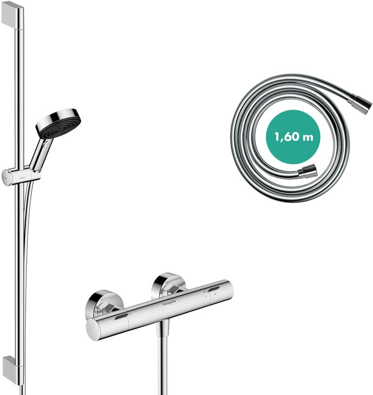 hansgrohe Pulsify Select S - Water-Saving Shower Set with Thermostatic Shower Mixer Ecostat Fine, with Shower Head 8,2 l/min (EcoSmart), Shower Rail 90cm, Shower Hose 160cm & Holder, Chrome, 24261000