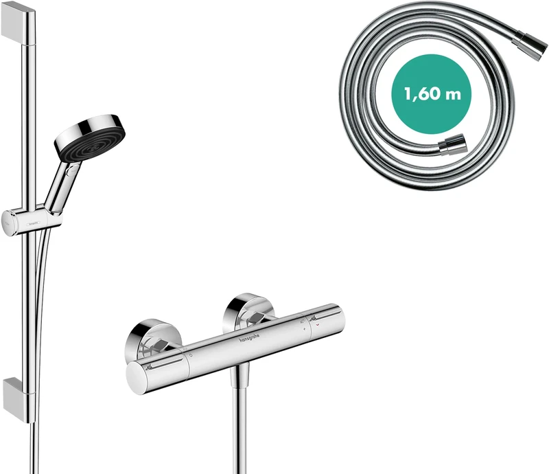 hansgrohe Pulsify Select S - Water-Saving Shower Set with Thermostatic Shower Mixer Ecostat Element, with Shower Head 8,2 l/min (EcoSmart), Shower Rail 65cm, Shower Hose and Holder, Chrome, 24272000
