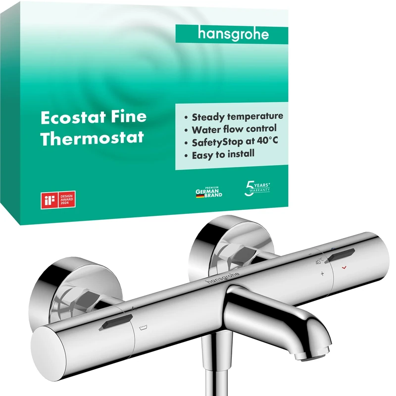hansgrohe Ecostat Fine - Bath Thermostat Exposed, Thermostatic Bath Mixer with Safety Stop at 40 °C, Thermostat for Bath tubs, Mixer tap for 2 Functions, Chrome, 13325000