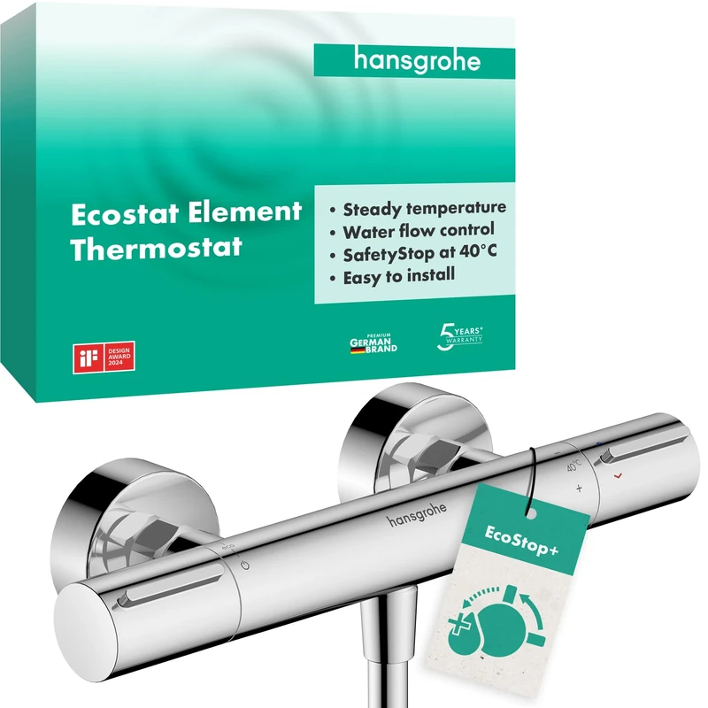 hansgrohe Ecostat Element - Shower Thermostat Exposed with EcoStop+, Thermostatic Shower Mixer with Safety Stop at 40 °C, Thermostat for Showers, Mixer tap for 1 Function, Chrome, 13346000