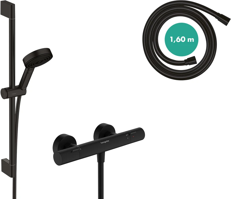 hansgrohe Pulsify Select S - Water-Saving Shower Set with Thermostatic Shower Mixer Ecostat Fine, with Shower Head 8,2 l/min (EcoSmart), Shower Rail 65cm, Shower Hose and Holder, matt Black, 24262670