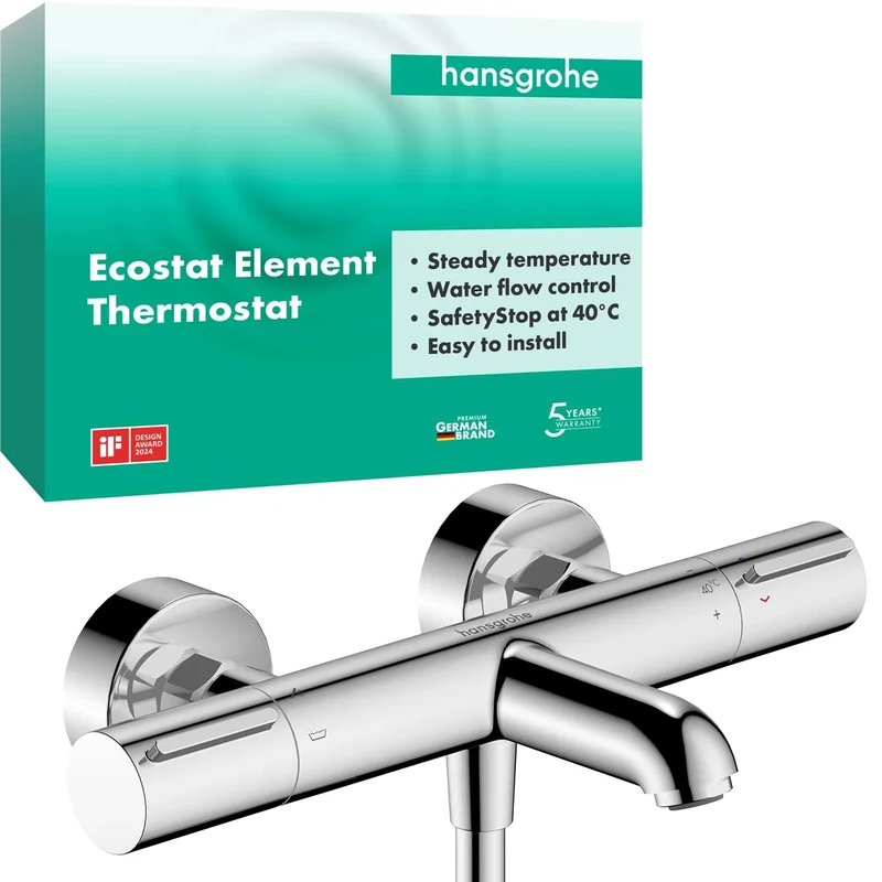 hansgrohe Ecostat Element - Bath Thermostat Exposed, Thermostatic Bath Mixer with Safety Stop at 40 °C, Thermostat for Bath tubs, Mixer tap for 2 Functions, Chrome, 13347000