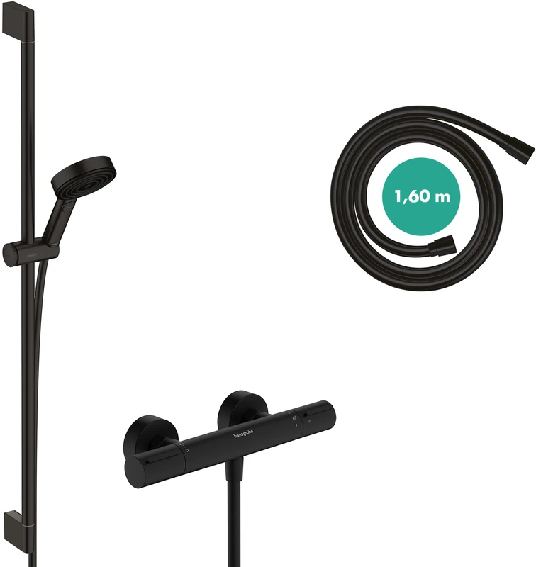 Hansgrohe Pulsify Select S - Matt Black Metal Shower Set with Thermostatic Mixer, 3 Jet Types, 8.2L/min, 90cm Rail, 1.6m Hose & Holder, EcoSmart, Wall Mount