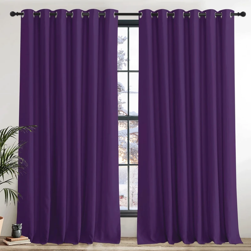 PONY DANCE Extra Wide Hotel Purple Blackout Curtains for Living Room Thermal Insulated Door Curtains Eyelet for Bedroom/ Nersery Lounge Drapes, 2 Panels, W90 x L90 Inch, Purple