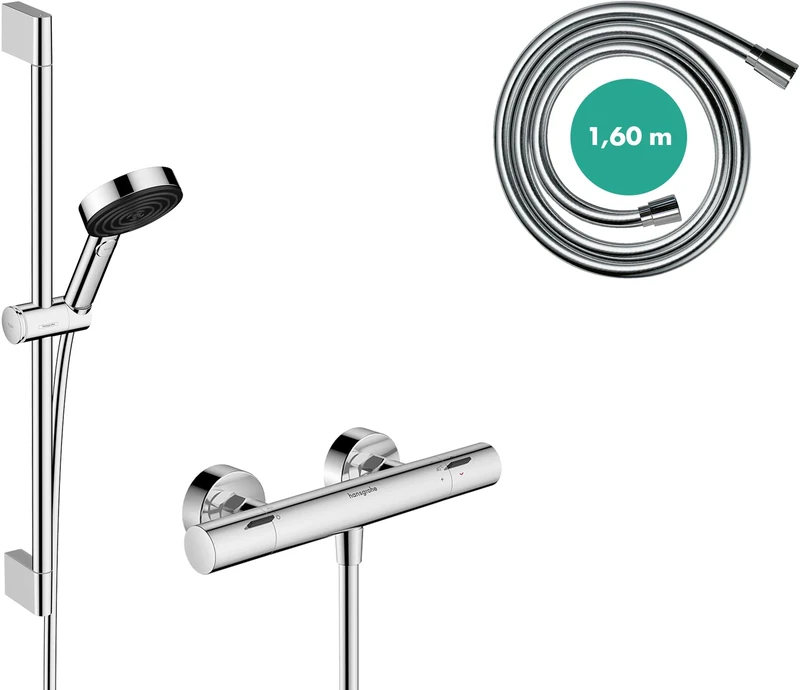 hansgrohe Pulsify Select S - Water-Saving Shower Set with Thermostatic Shower Mixer Ecostat Fine, with Shower Head 8,2 l/min (EcoSmart), Shower Rail 65cm, Shower Hose 160cm & Holder, Chrome, 24262000