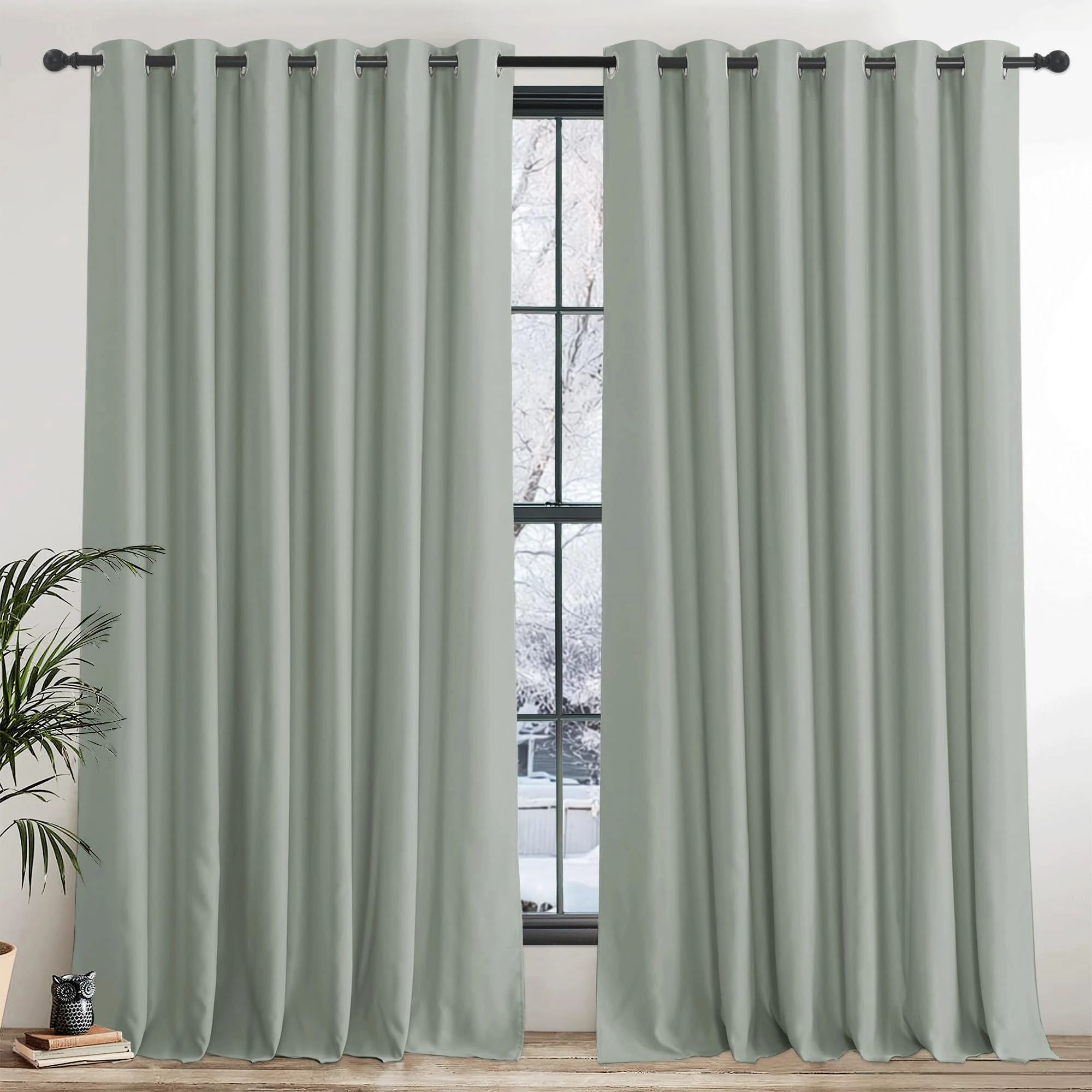 PONY DANCE Extra Wide Sage Blackout Curtains for Living Room Thermal Insulated Black Out Curtains Eyelet for Bedroom/ Hotel/ Lounge Drapes, 2 Panels, W90 x L90, Sage Green