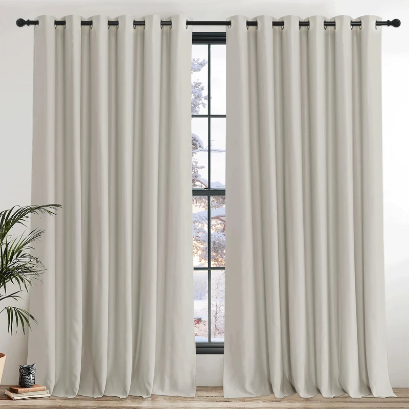 PONY DANCE Extra Wide Natural Thermal Insulated Curtains for Living Room Energy Saving Privacy Protection Curtains Eyelet for Bedroom/ Hotel/ Lounge Drapes, 2 Panels, W90 x L90, Natural