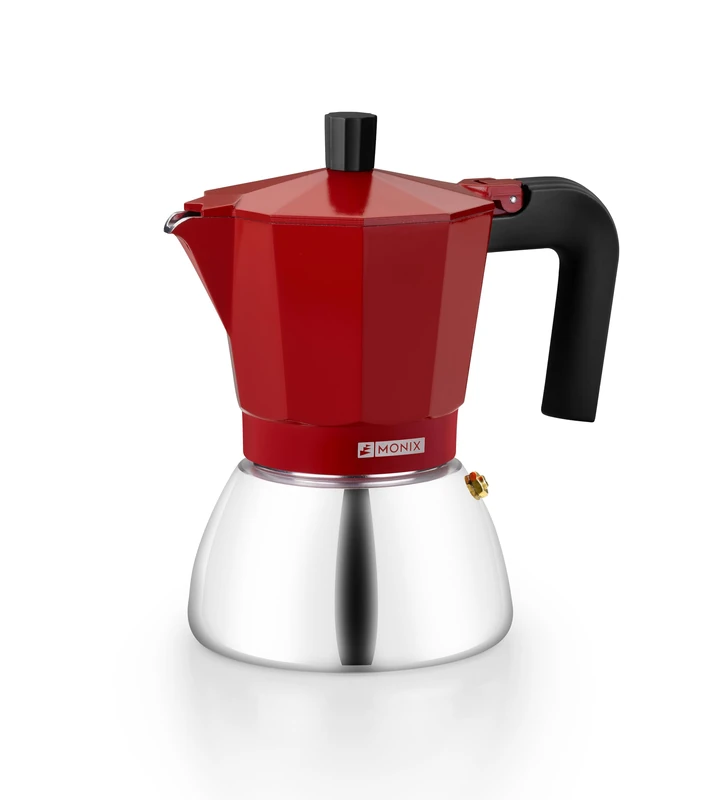 Monix Induction Inox | Italian Aluminium and Stainless Steel Coffee Maker 9 Cup Capacity Heat Resistant Handle Suitable for All Hobs Including Induction - Red