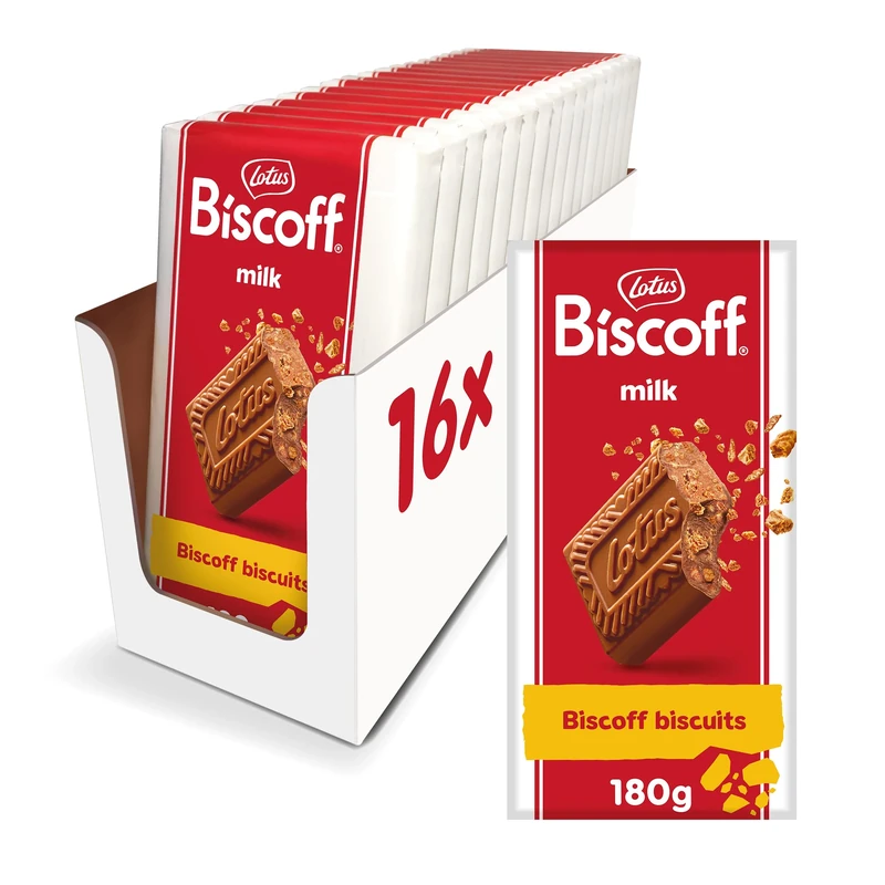 Lotus Biscoff Belgian Milk Chocolate, With Biscoff Biscuit Pieces, 16 Individually Wrapped 180g Bars, 2.9kg
