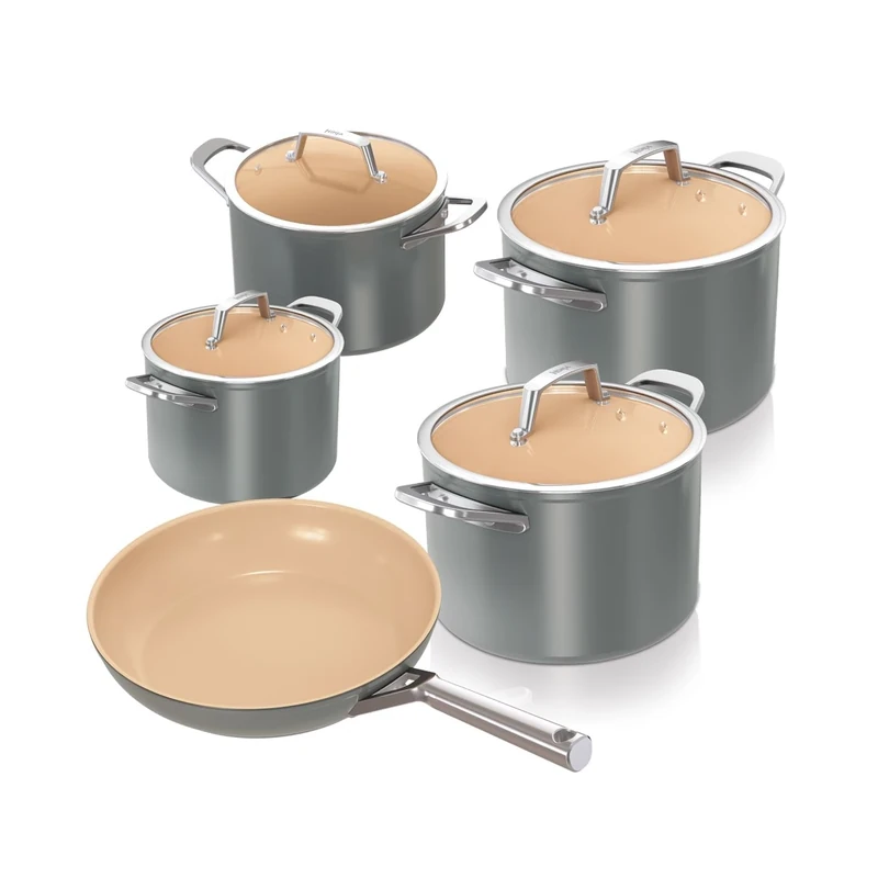 Ninja Extended Life CW95000EUUKDB Keramic Cooking Set 5-Piece (20 & 24 cm Sauté Pan + 16, 18 & 20 cm Pots & Lids), Non-Stick Coating (without PFAs, PFOAs, Lead & Cadmium), Oven-Safe, Grey & Terracotta