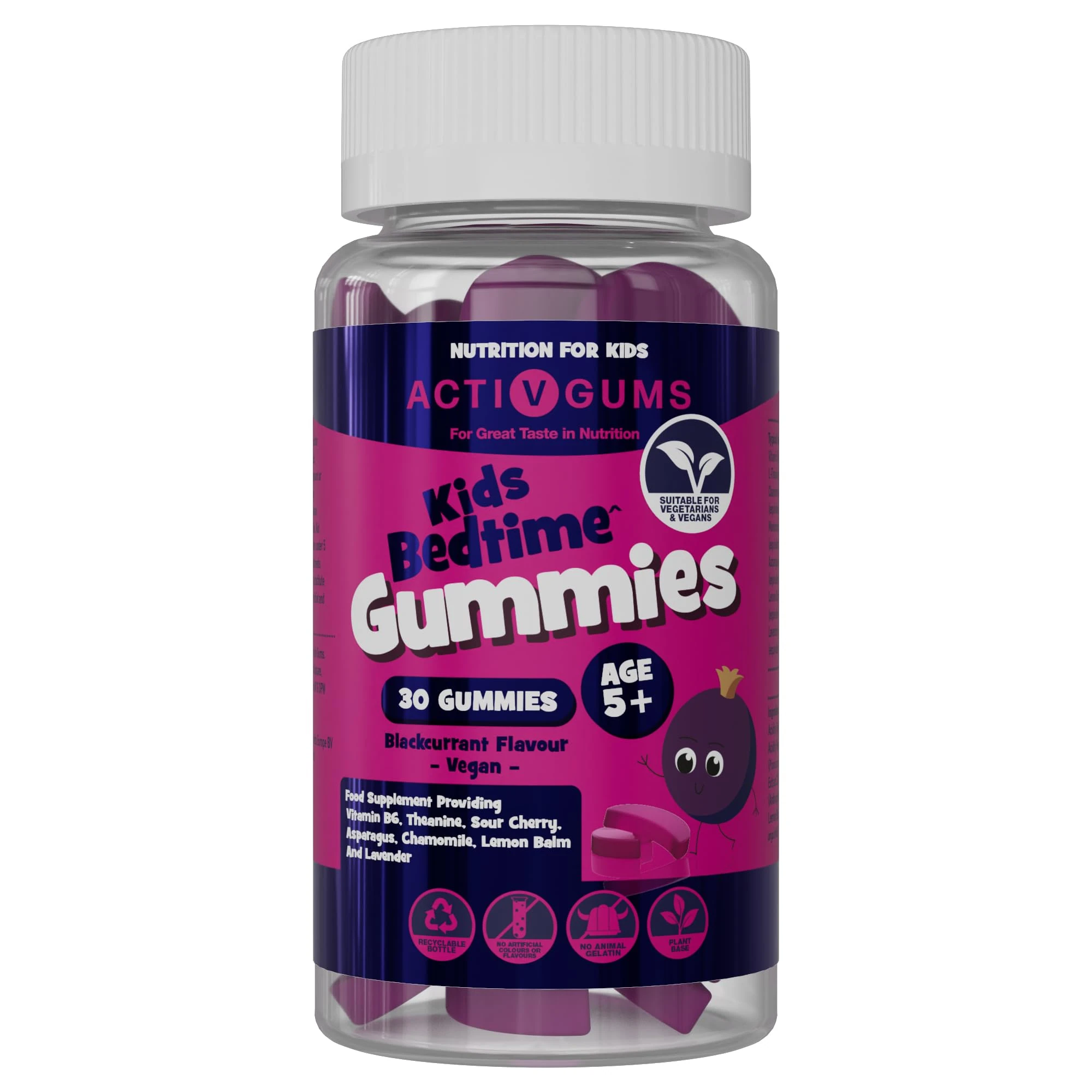 Kid's Bedtime 30 Vegan Gummies | Blackcurrant Flavour | Melatonin & 5HTP Free Contains Vitamin B6, Montmorency Cherry, Chamomile | Resealable & Recyclable Pouch | Suitable for Ages 5+ by ActivGums®